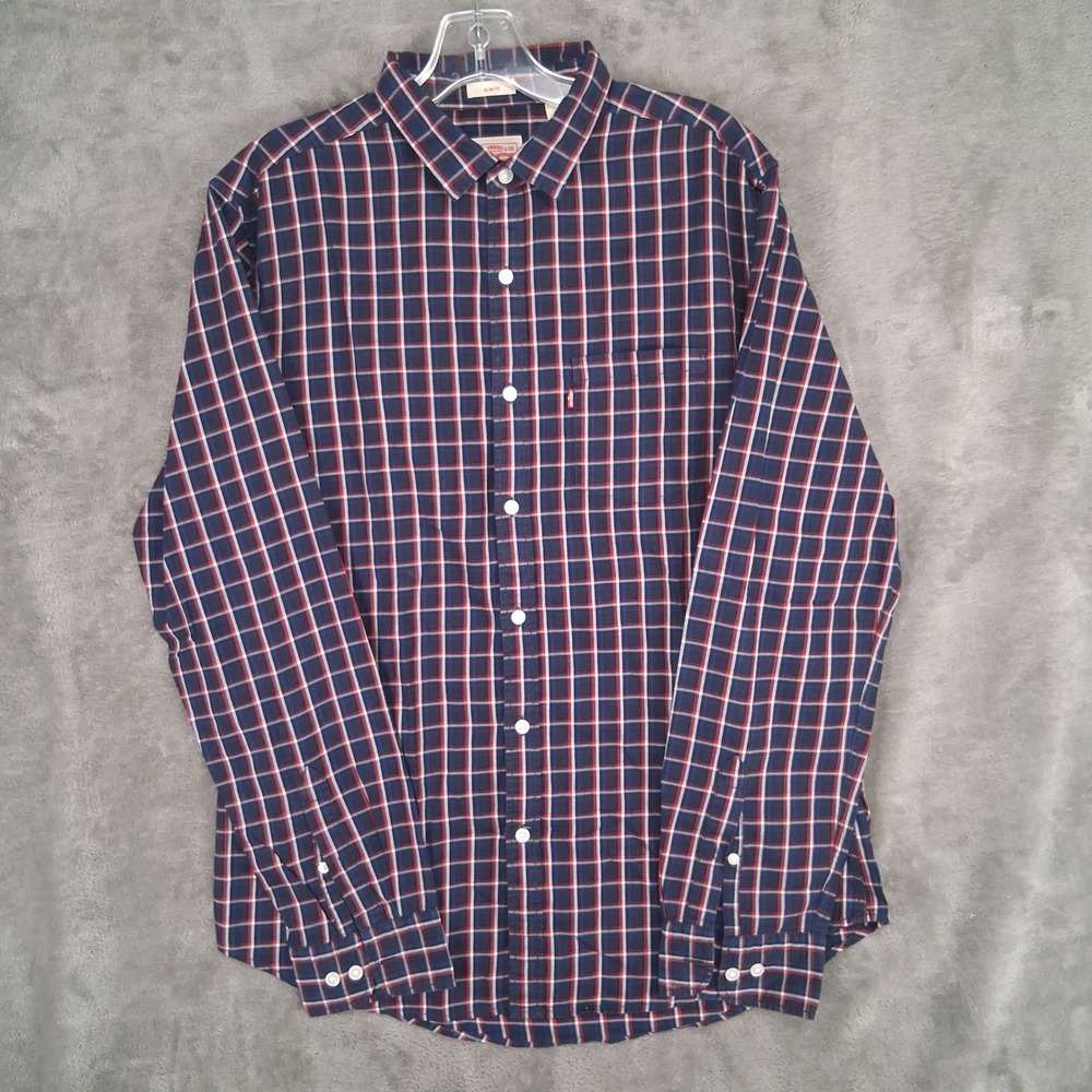 Levis Slim Fit Plaid Button Down Shirt Mens Large Navy Red White Long Sleeve